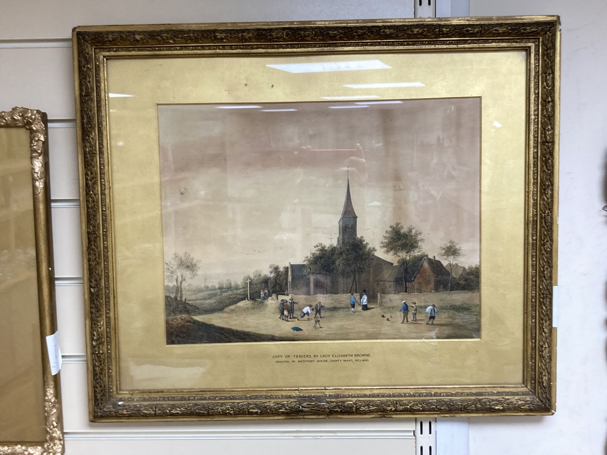 Lady Elizabeth Browne Cody, after Teniers, watercolour, Figures playing bowles before a church, titled on a mount, 30 x 39cm